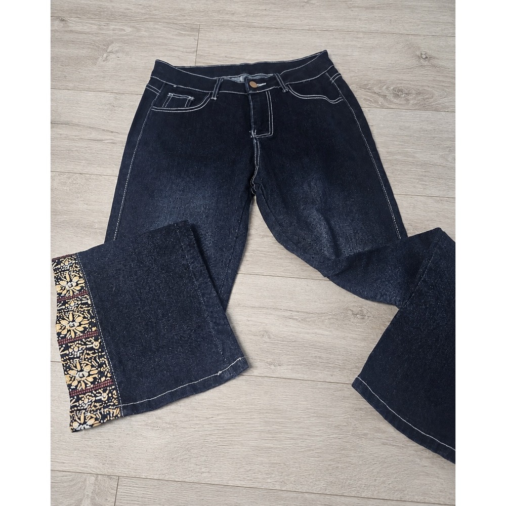 Dark Wash Flare Jeans Contrast Stitch Printed Cuff Size Large Retro Boho